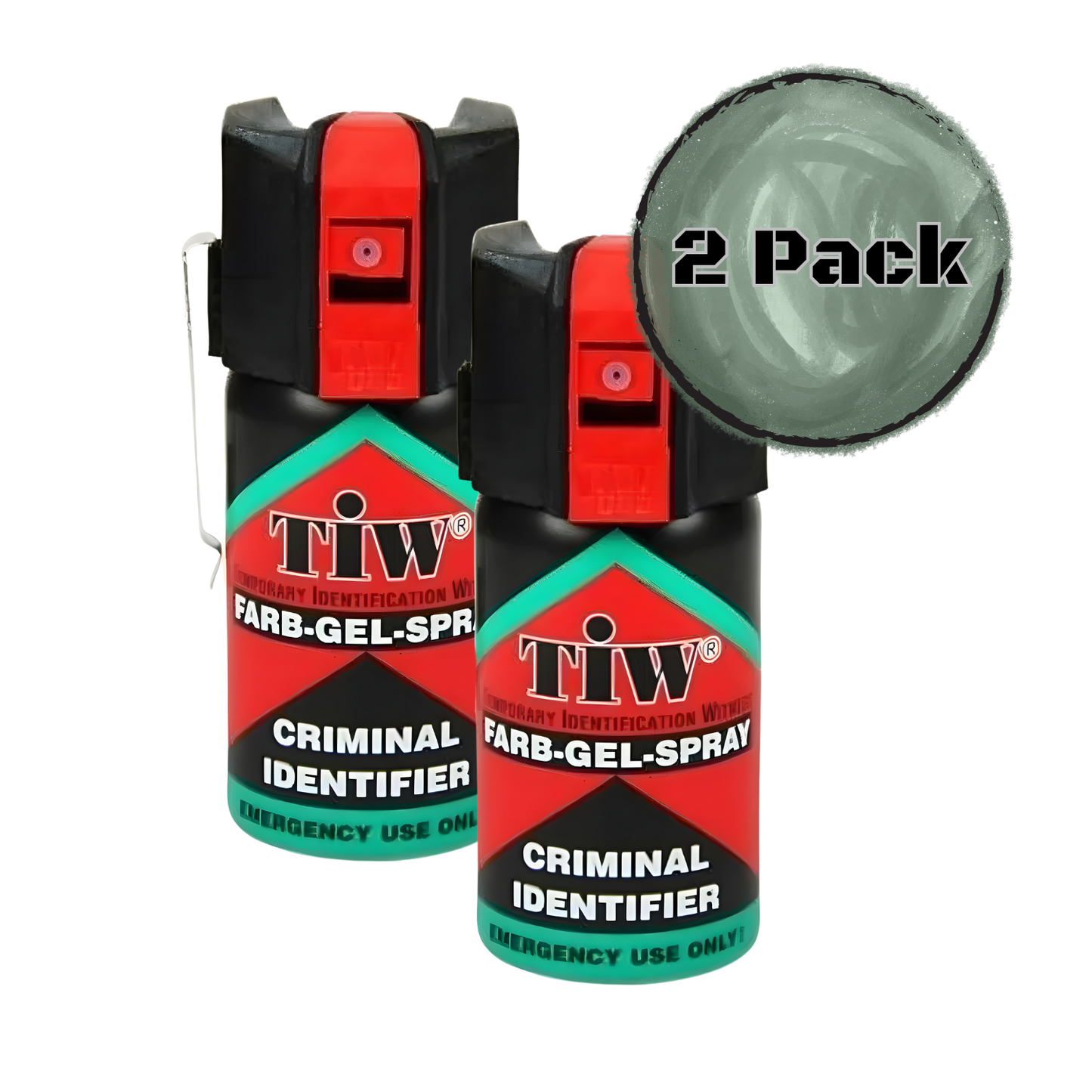 Two TiW Farb-Gel-Spray Criminal Identifier spray bottles with a close-up of one bottle on a white background.