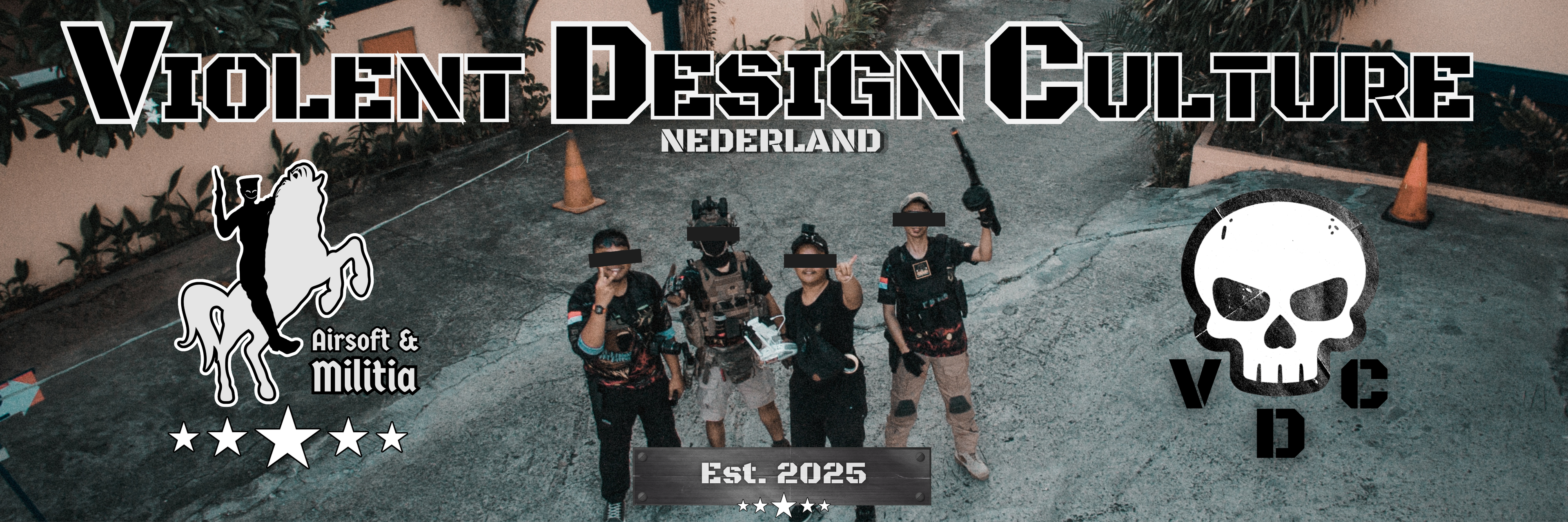 Group of people in tactical gear with 'Violent Design Culture' branding on a dark background. VDC